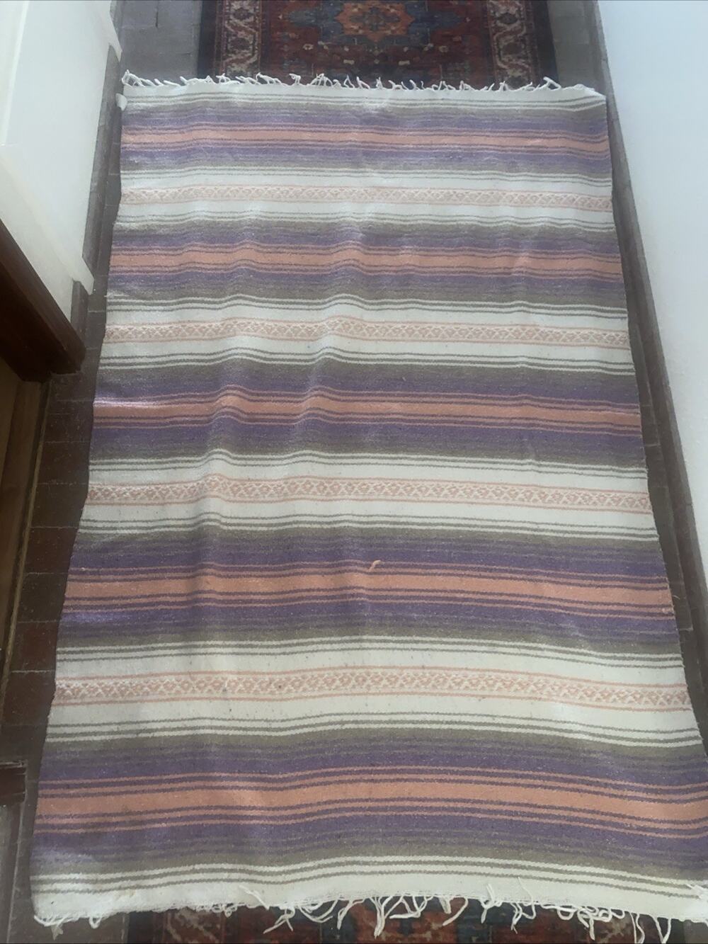 60s Roco Indian Mexican Falsa Blanket Serape Hand Woven Fringe Purple Peach Tan